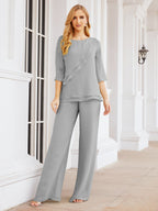 Elegante vestido de dos piezas para madre de la novia, talla grande, pantalón, capas con volantes, bata plateada SY28064 
