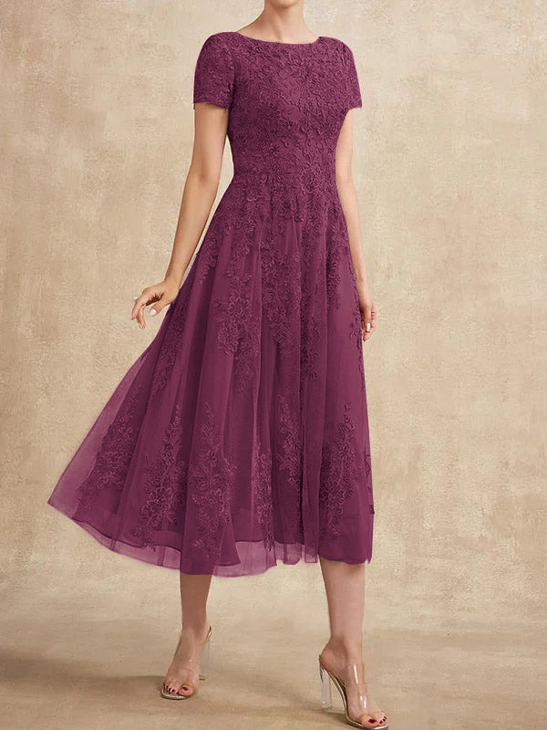 Vestido de madre de la novia de tul con encaje y corte en A, largo hasta la rodilla