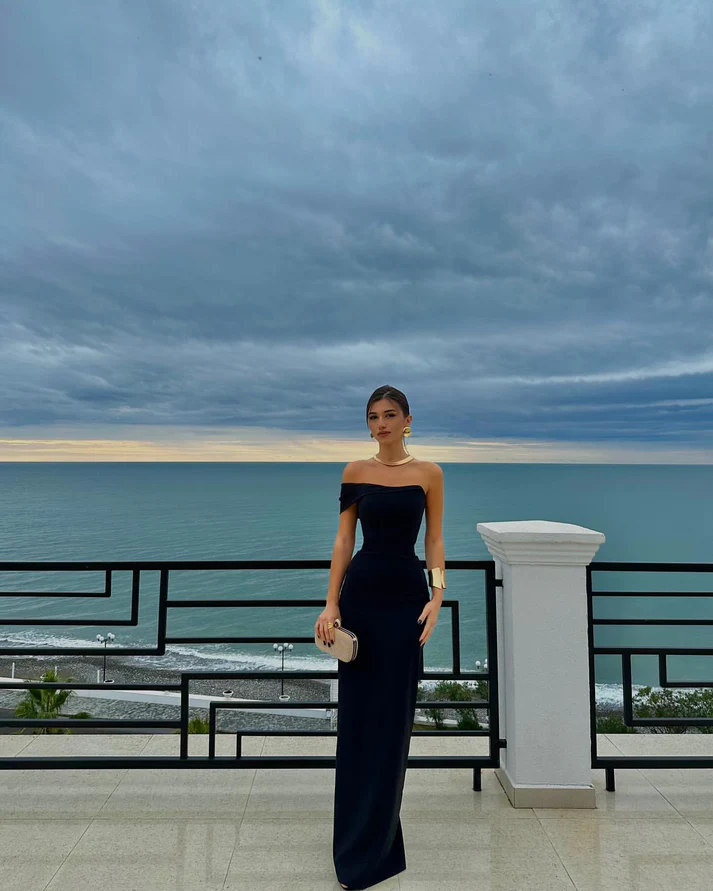 Schwarzes One-Shoulder-Lang-Etuikleid-Abendkleid ohne Träger Party Ballkleid Y7559