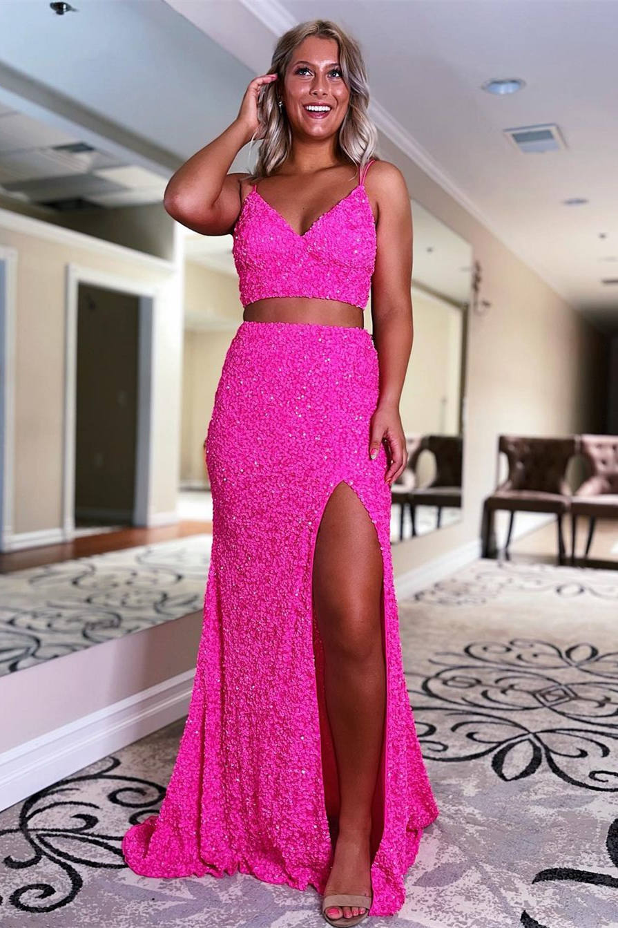 Briana | Vestido de fiesta de dos piezas con lentejuelas y corte sirena y abertura