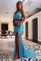 Briana | Vestido de fiesta de dos piezas con lentejuelas y corte sirena y abertura