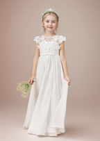 Bodenlanges elfenbeinfarbenes Kleid zur Erstkommunion aus Chiffon und Tüll 
