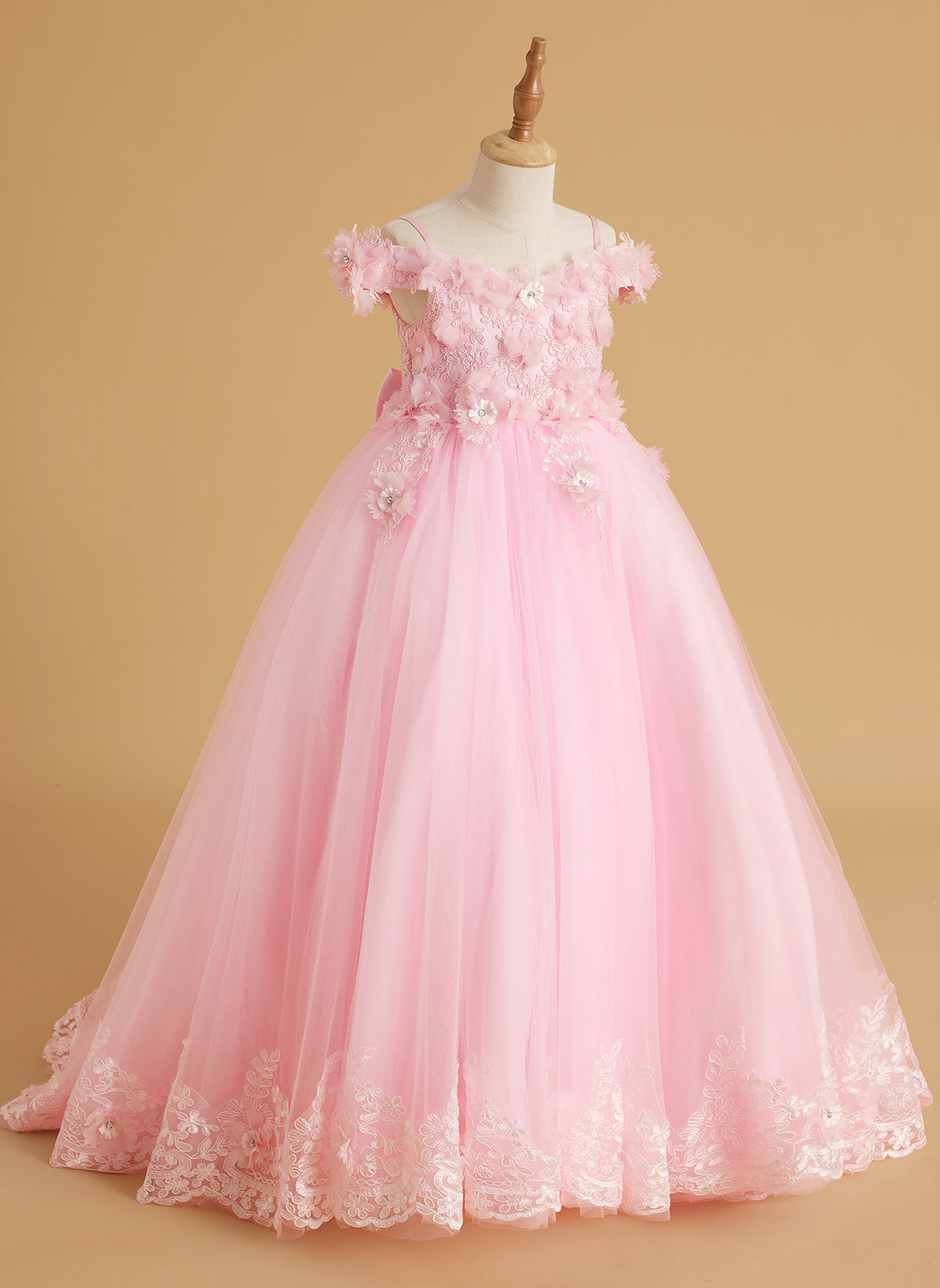 Vestido de fiesta/princesa de encaje con cola larga, color rosa, para cumpleaños