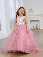 Prinzessin Ärmelloses Tüll Blumenmädchenkleid mit Spitze und Schleife Rosa (010224320) 