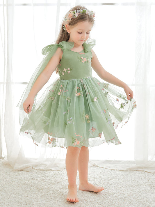 Vestido de tul con bordado floral sin mangas y corte A para niña pequeña