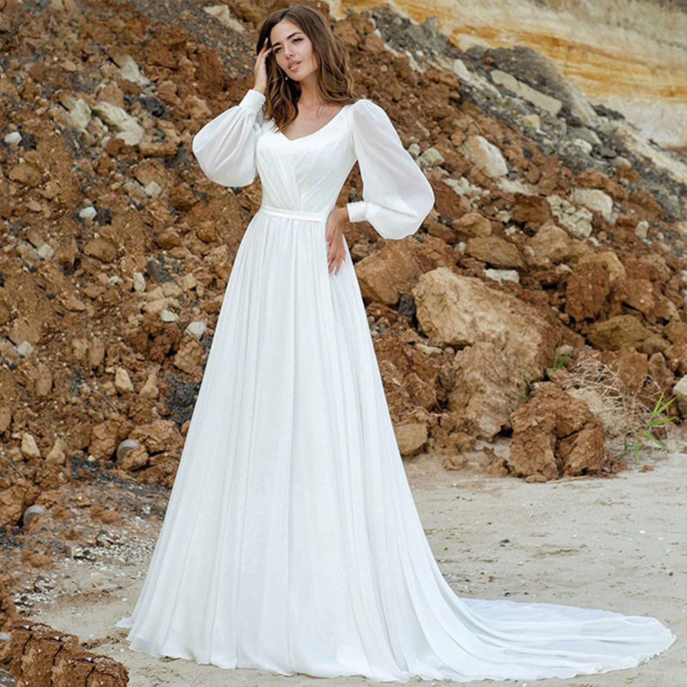 Puff Sleeve Wedding Dresses Women Vestido De Novia Long Chiffon Elegant V-Neck A-Line Backless Bridal Gown Robe Mariée-payinti