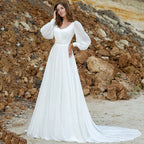 Puff Sleeve Wedding Dresses Women Vestido De Novia Long Chiffon Elegant V-Neck A-Line Backless Bridal Gown Robe Mariée-payinti