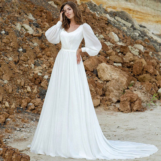 Puff Sleeve Wedding Dresses Women Vestido De Novia Long Chiffon Elegant V-Neck A-Line Backless Bridal Gown Robe Mariée-payinti