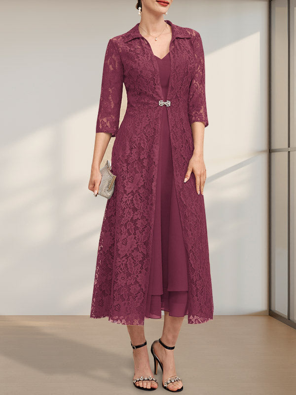 A-Linie V-Ausschnitt Wadenlanges Chiffonkleid für die Brautmutter