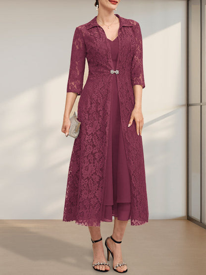 A-Linie V-Ausschnitt Wadenlanges Chiffonkleid für die Brautmutter