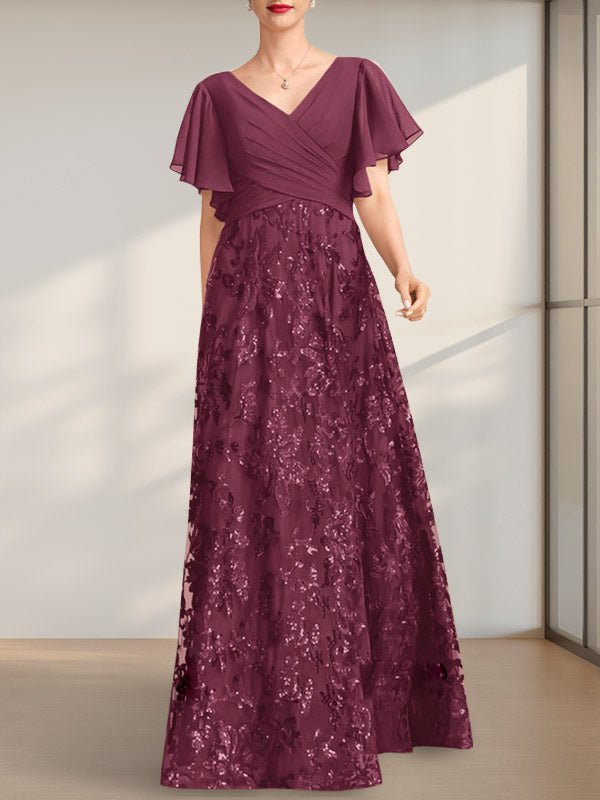 Vestido de madre de la novia de gasa con lentejuelas, encaje, escote en V y largo hasta el suelo, con pliegues
