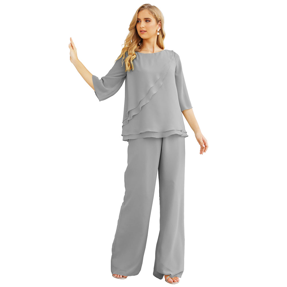 Sunnderly Chiffon Mother of The Bride Dress Plus Size Pant Suits Ruffle Layers