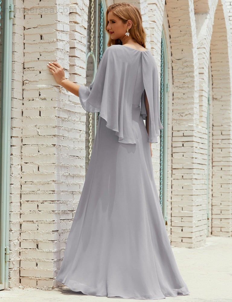 Vestido de dama de honor Sunnderly para mujer, de gasa, manga larga y cuello en V, vestido formal para boda o fiesta SY28018 