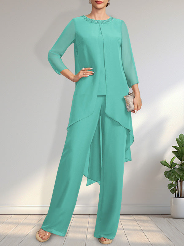 Vestido de gasa para madre de la novia con lentejuelas y abalorios, largo hasta el suelo y mono/pantalón separado
