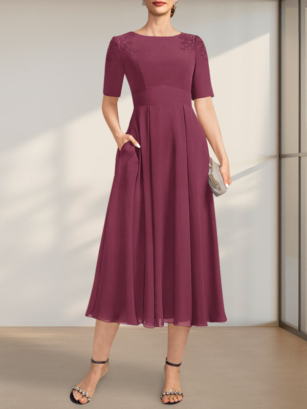 Vestido de gasa para madre de la novia, corte A, escote redondo, largo hasta la rodilla, con apliques de encaje y lentejuelas