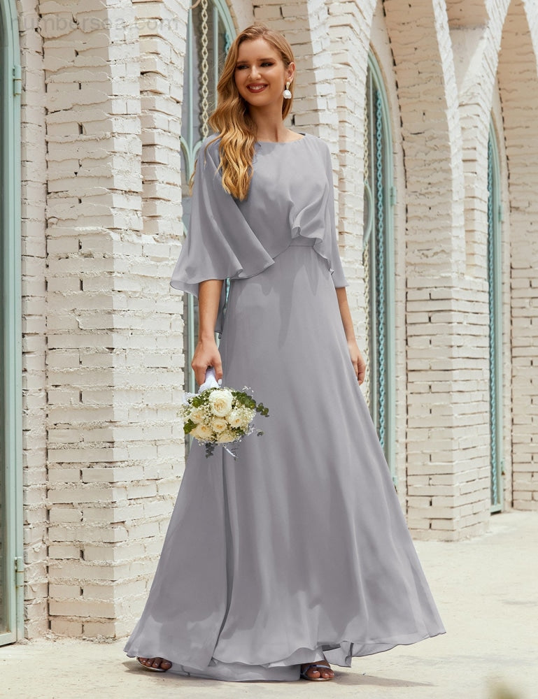 Vestido de dama de honor Sunnderly para mujer, de gasa, manga larga y cuello en V, vestido formal para boda o fiesta SY28018 