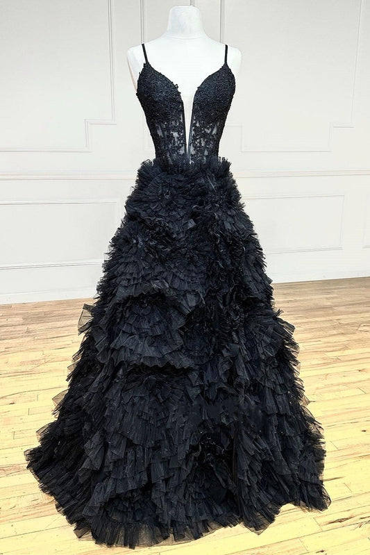 Joyce| Schwarzes, tiefes V-Ausschnitt-Kleid mit Spaghettiträgern und Rüschen