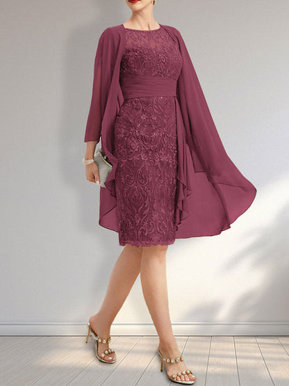 Vestido de madre de la novia de gasa con encaje, escote redondo, ilusión, largo hasta la rodilla, con volantes en cascada y lentejuelas