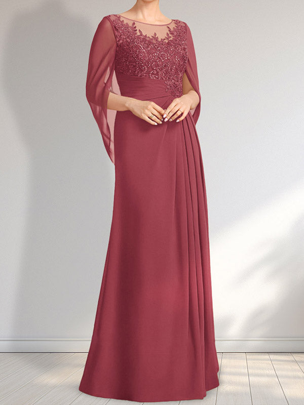 Vestido de gasa con encaje, ilusión, corte A, largo hasta el suelo, para madre de la novia con lentejuelas plisadas