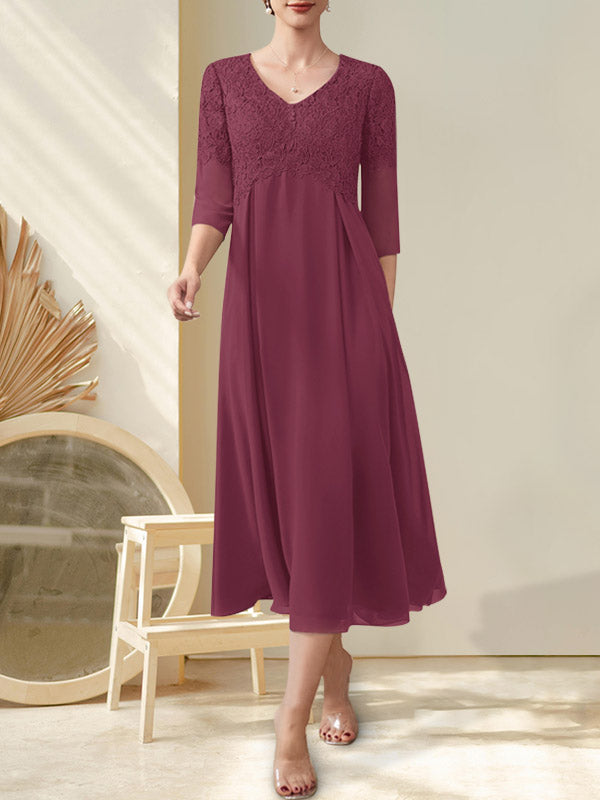A-Linie V-Ausschnitt Wadenlanges Chiffon-Spitzenkleid für die Brautmutter mit Perlenbesatz