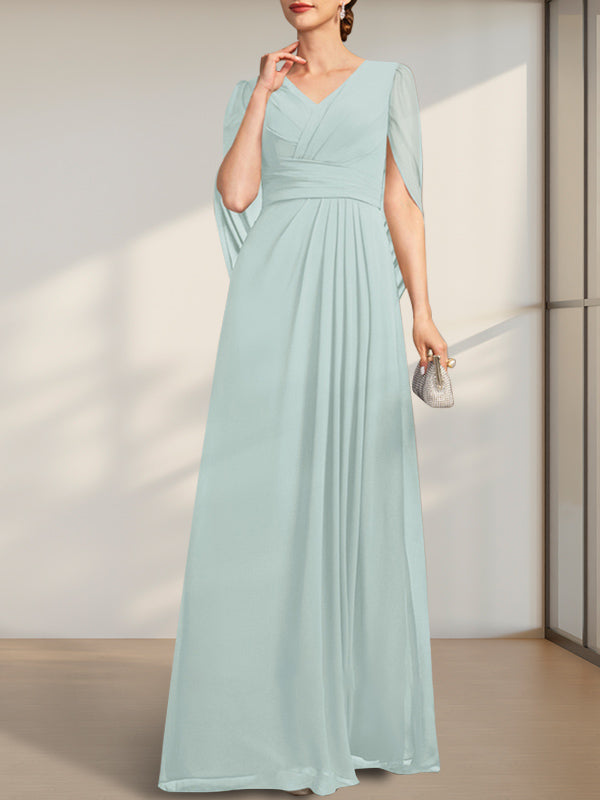 Vestido de gasa para madre de la novia con escote en V, largo hasta el suelo, con pliegues