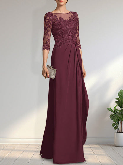 Vestido de gasa para madre de la novia con encaje, corte A, escote redondo, ilusión, largo hasta el suelo, con lentejuelas y abalorios y volantes en cascada