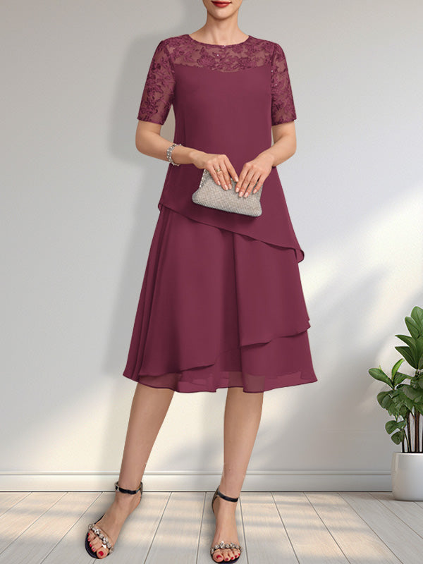 Vestido de gasa con encaje y lentejuelas para madre de la novia, corte A, escote ilusión, largo hasta la rodilla