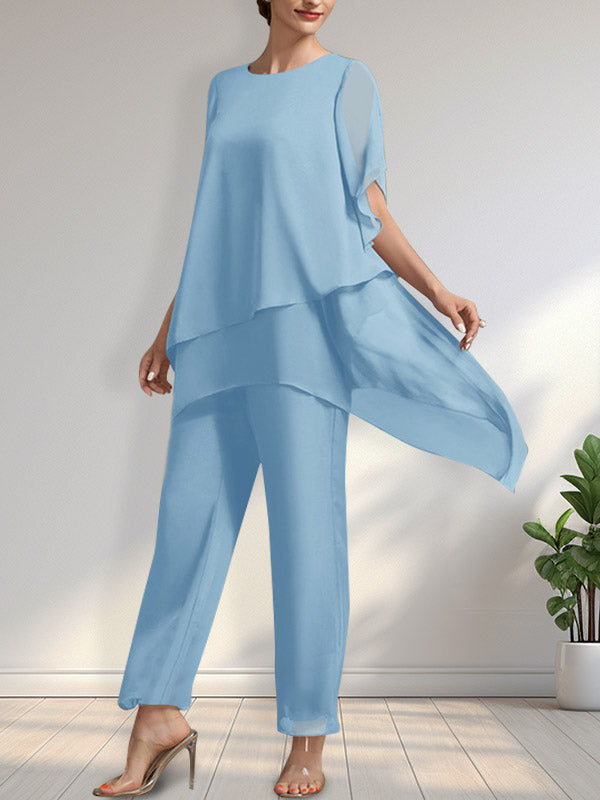 Vestido de gasa para madre de la novia, con escote redondo y largo hasta los tobillos, de mono/pantalón separado