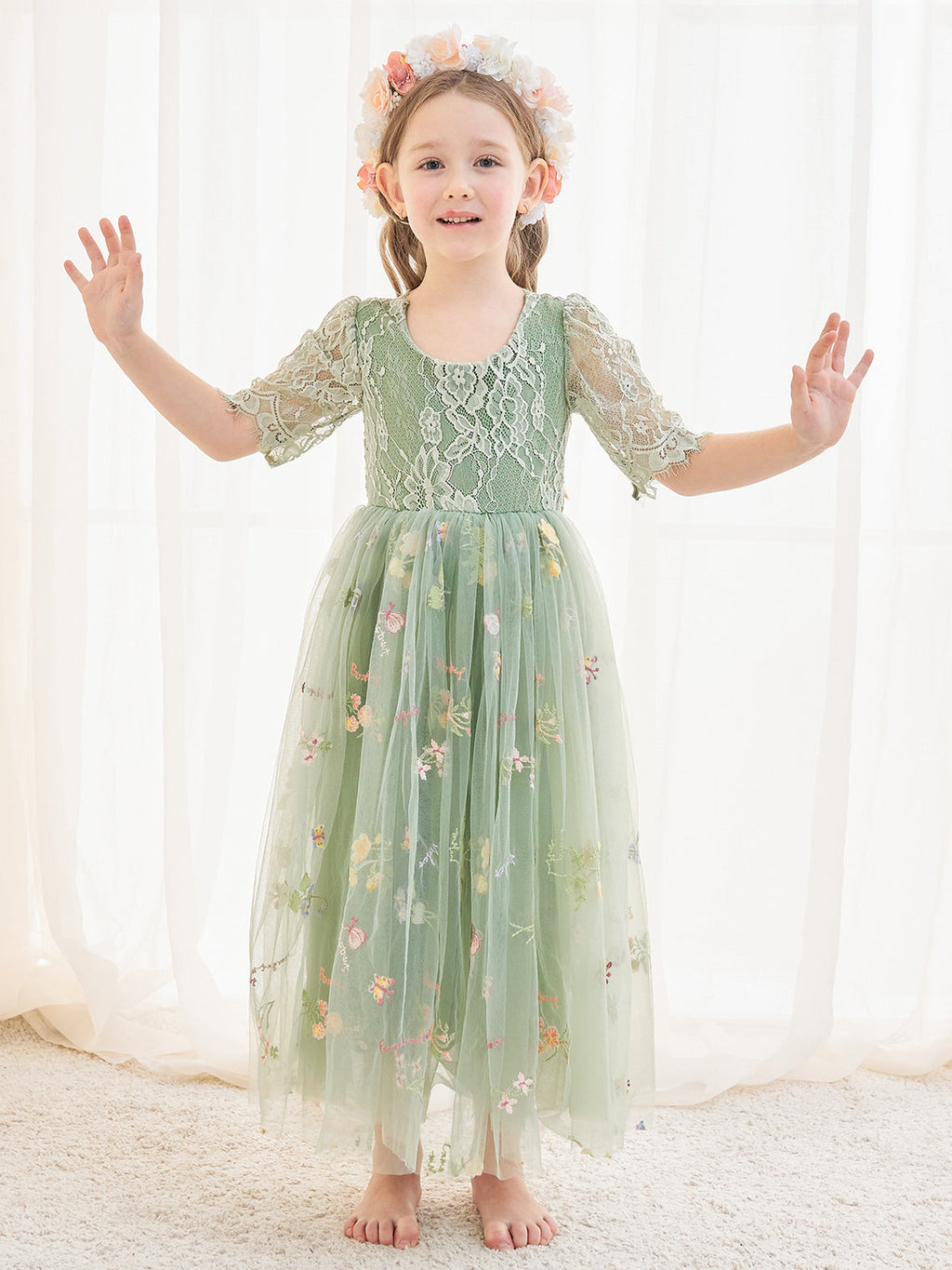 Salbeigrünes Blumenmädchenkleid aus Stoff mit U-Ausschnitt und Tüll (2003227581) 