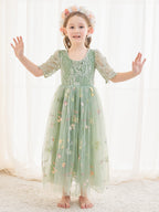 Salbeigrünes Blumenmädchenkleid aus Stoff mit U-Ausschnitt und Tüll (2003227581) 