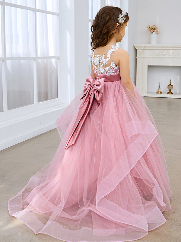 Prinzessin Ärmelloses Tüll Blumenmädchenkleid mit Spitze und Schleife Rosa (010224320) 