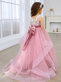 Prinzessin Ärmelloses Tüll Blumenmädchenkleid mit Spitze und Schleife Rosa (010224320) 