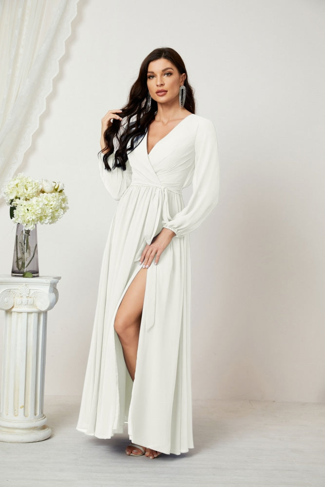 Vestidos de noche Sunnderly con escote en V profundo, gasa, para dama de honor, manga larga de obispo, abertura lateral, vestido formal SY2806 
