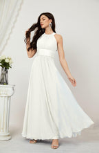 Vestido formal de fiesta Sunnderly de gasa con cuello halter, largo y sin mangas, para dama de honor SY2802 