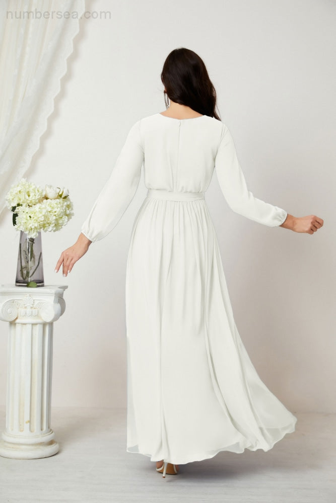 Vestidos de noche Sunnderly con escote en V profundo, gasa, para dama de honor, manga larga de obispo, abertura lateral, vestido formal SY2806 