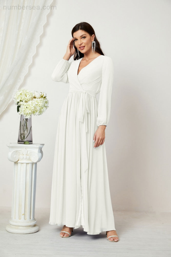 Vestidos de noche Sunnderly con escote en V profundo, gasa, para dama de honor, manga larga de obispo, abertura lateral, vestido formal SY2806 