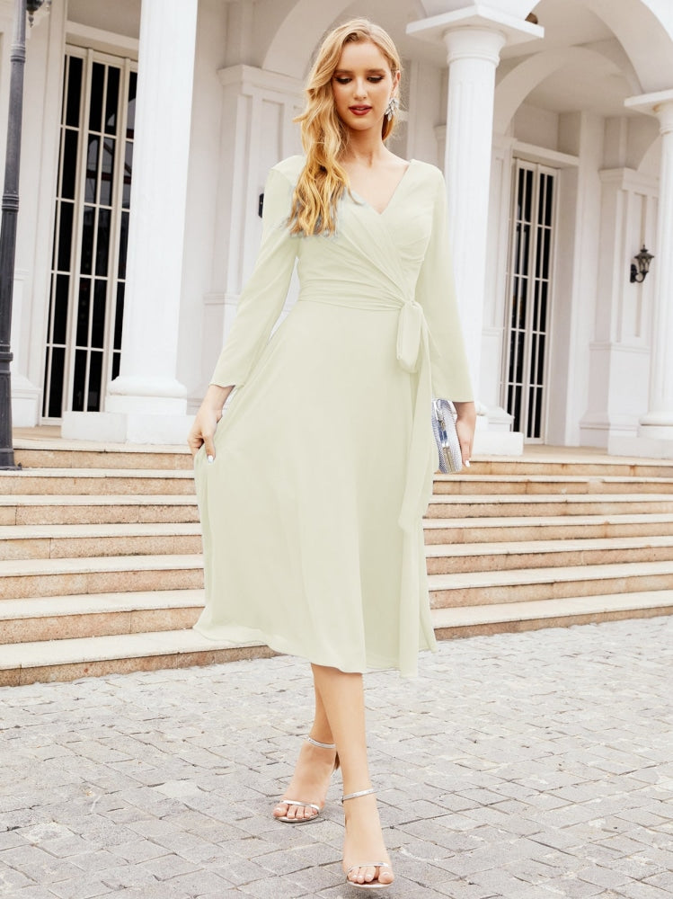 Vestido de dama de honor con escote en V y cinturón para madre de la novia, invitada de boda SY28031 