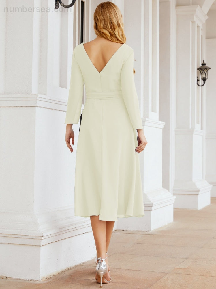 Vestido de dama de honor con escote en V y cinturón para madre de la novia, invitada de boda SY28031 