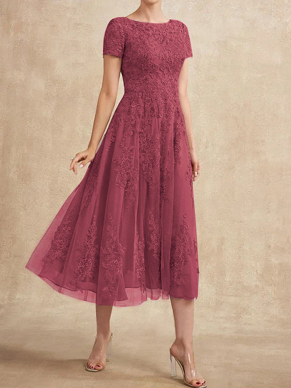 Vestido de madre de la novia de tul con encaje y corte en A, largo hasta la rodilla