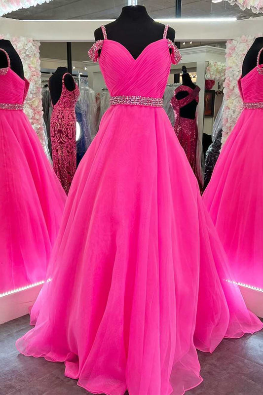 Pinkes, perlenbesetztes A-Linien-Ballkleid mit schulterfreien Ärmeln