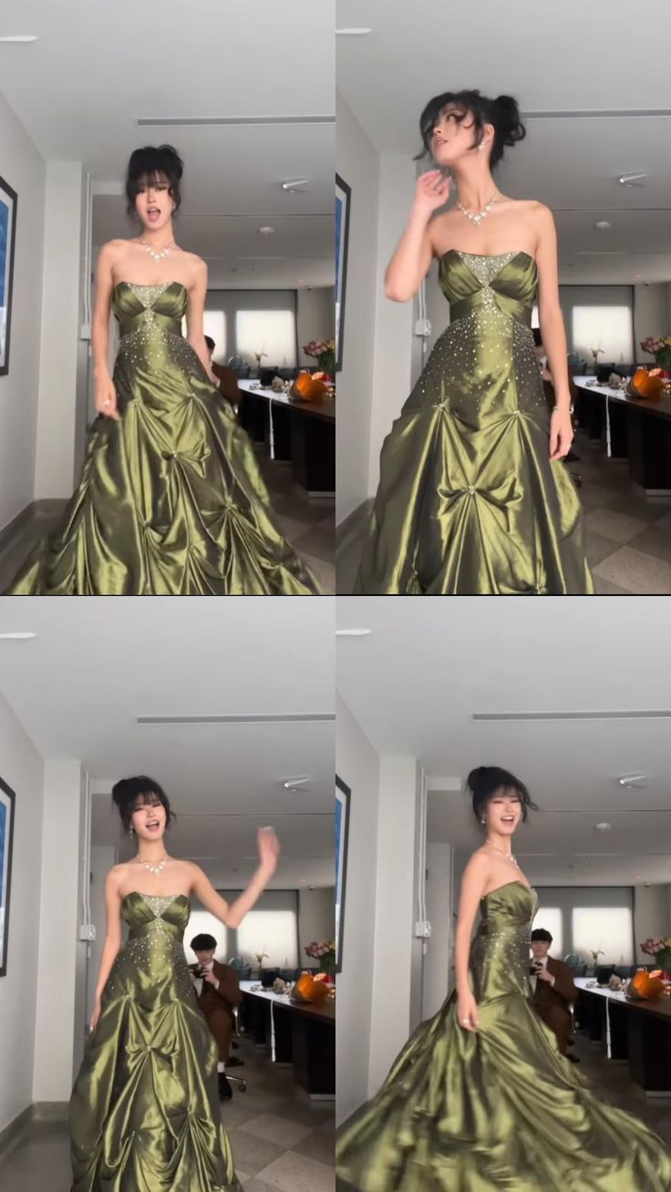 Hübsches trägerloses grünes Satin-Ballkleid mit Perlen, langes Ballkleid, formelles Geburtstagskleid, Ballkleid Y7533