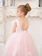 Prinzessin Ärmelloses Tüll Blumenmädchenkleid mit Perlen und Federschleife (010224704) 