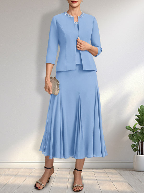 Vestido de gasa para madre de la novia con escote en A, largo hasta la rodilla, con lentejuelas y abalorios.