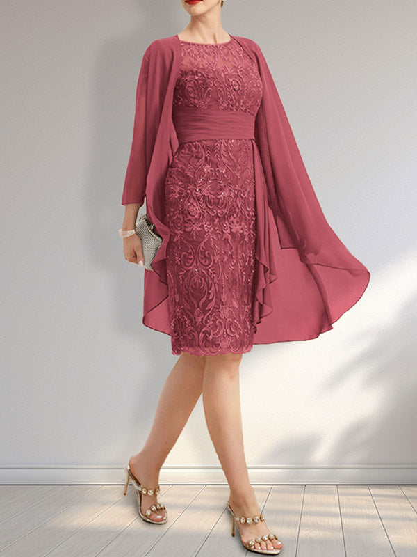 Vestido de madre de la novia de gasa con encaje, escote redondo, ilusión, largo hasta la rodilla, con volantes en cascada y lentejuelas