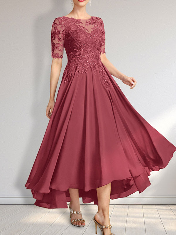 Vestido de madre de la novia de gasa asimétrica con encaje, ilusión, corte A y lentejuelas