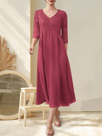 A-Linie V-Ausschnitt Wadenlanges Chiffon-Spitzenkleid für die Brautmutter mit Perlenbesatz