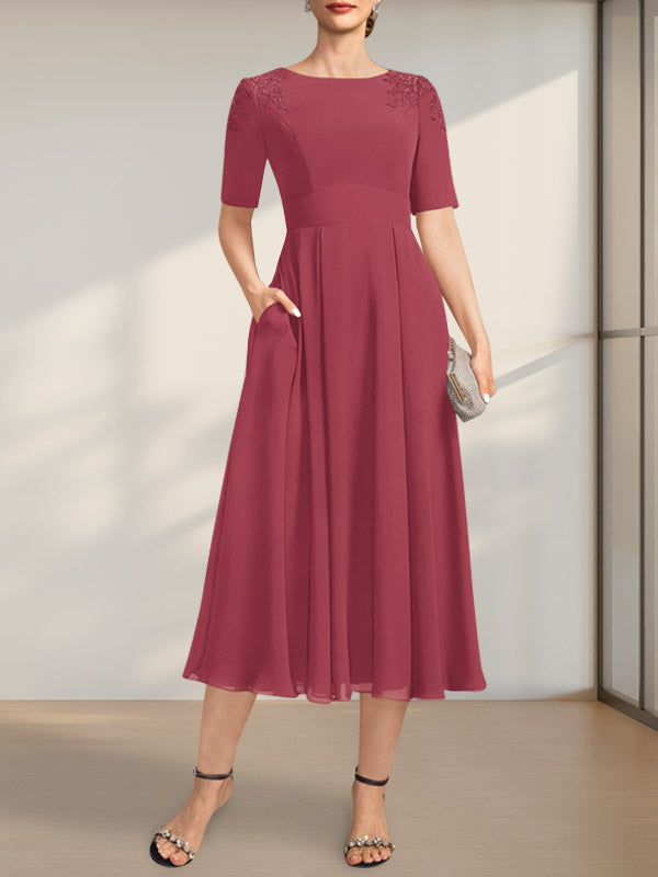 Vestido de gasa para madre de la novia, corte A, escote redondo, largo hasta la rodilla, con apliques de encaje y lentejuelas