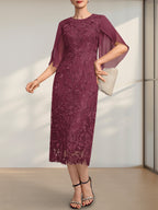 Vestido para madre de la novia de gasa con encaje, corte tubo, escote redondo y largo hasta la rodilla
