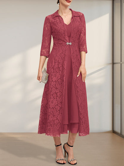 A-Linie V-Ausschnitt Wadenlanges Chiffonkleid für die Brautmutter