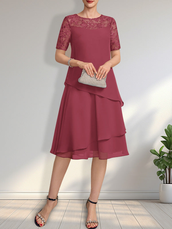 Vestido de gasa con encaje y lentejuelas para madre de la novia, corte A, escote ilusión, largo hasta la rodilla